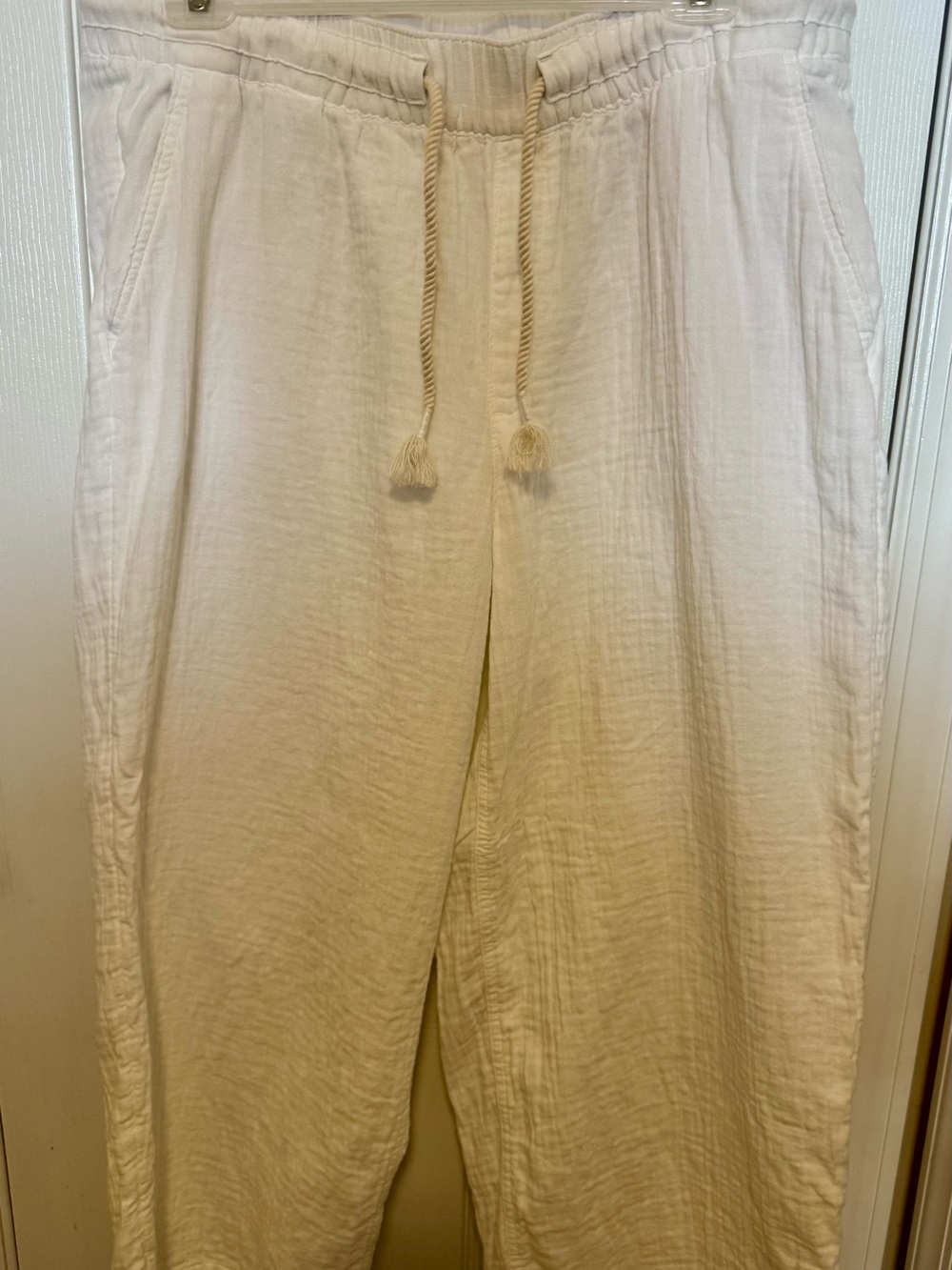 White Gauze Drawstring Ankle Length Pants